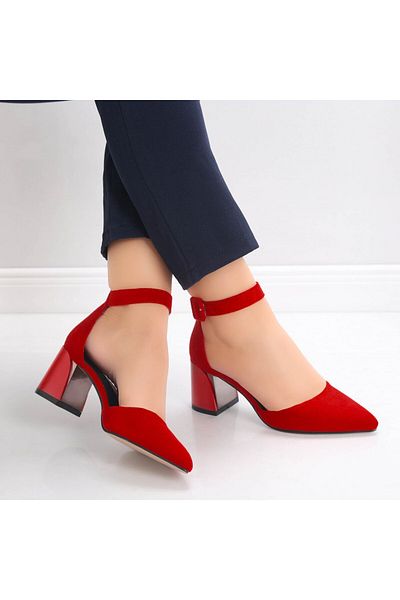 MODA STİL Women's Red Heeled Shoes Made of Ananda Eco-Suede Leather, 36