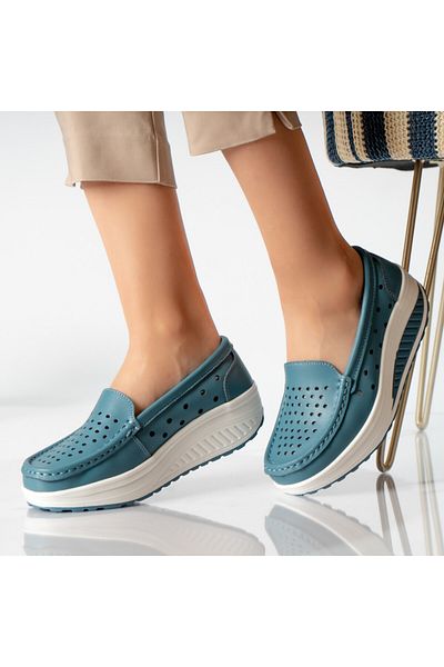 MODA STİL Women's casual blue shoes, natural pearl leather, 37