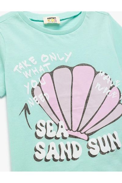 Koton Kids Girls' Cotton Short Sleeve Crew Neck Seashell Print T-Shirt