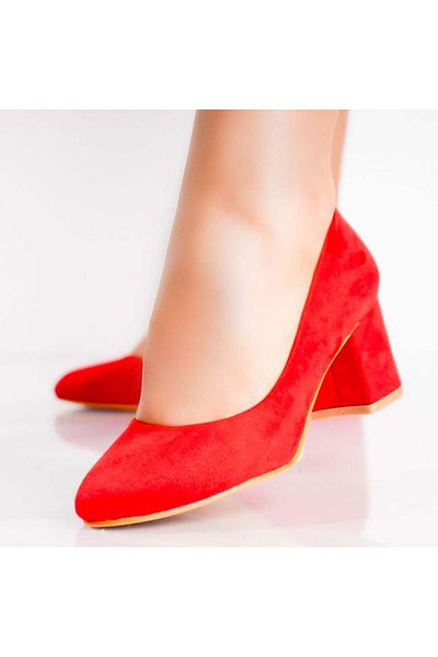 MODA STİL Women's Red Heeled Shoes Made of Azen Eco-Suede Leather, 37