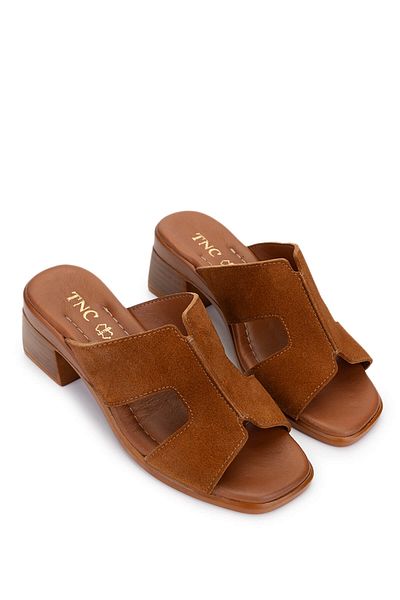 Tamer Tanca Women's Genuine Leather Tan Suede Heeled Slippers