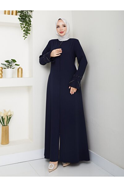 MUDUTEKSTİL Kolu Pliseli Inci Çakımlı Ferace Lacivert