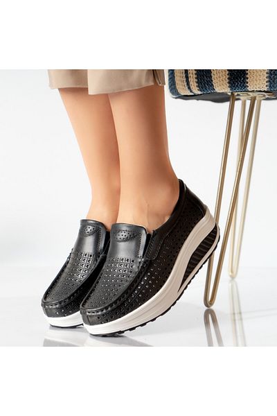 MODA STİL Women's casual shoes, black, natural leather, flowers, 37