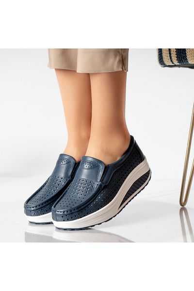 MODA STİL Women's casual shoes navy blue natural leather flowers, 41