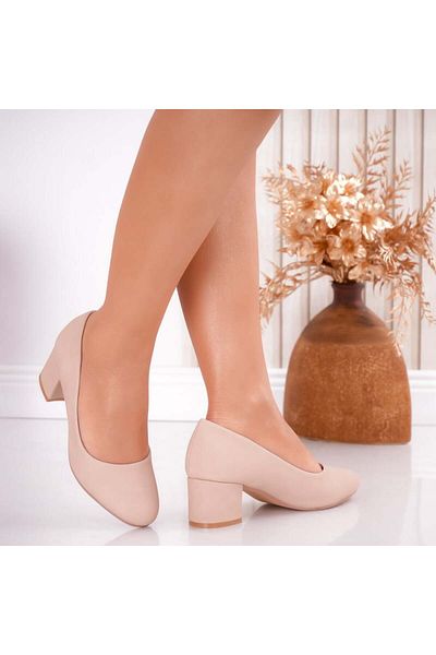 MODA STİL Women's Beige Heeled Shoes Made of Organic Suede Leather Solo, 36