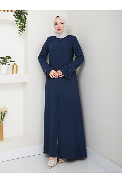 MUDUTEKSTİL Kolu Pliseli Inci Çakımlı Ferace Açık Lacivert