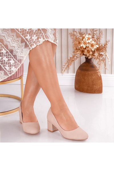 MODA STİL Women's Beige Heeled Shoes Made of Organic Suede Leather Solo, 36