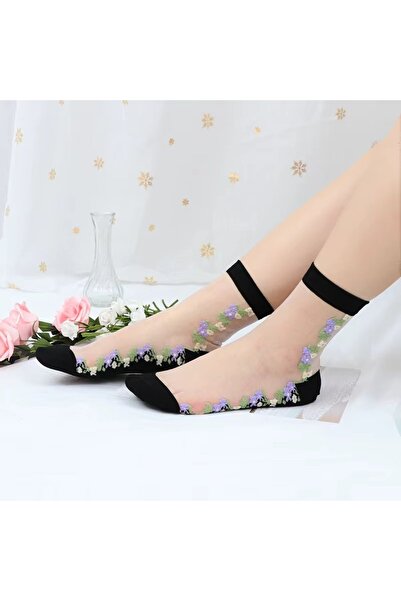 delis Sosete pentru dama, SS0166, model flori, Alb/Negru, marime universala