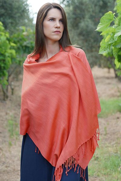 Defne&Apollon İpekçilik Handwoven 100% Silk Handwoven Shawl 65 X 190 cm - Pomegranate Flower