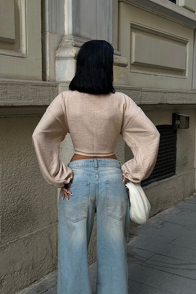 boutiquen 8033 Μπλούζα με μακρυμάνικο λινό με κορδόνια μπροστά