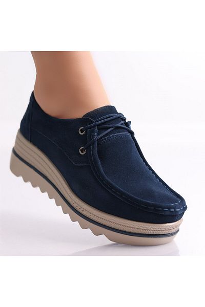 MODA STİL Women's Navy Blue Platform Shoes Made of Calvi Genuine Suede Leather, 36
