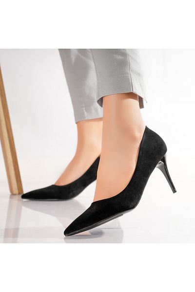 MODA STİL Women's Black Heeled Shoes Made of Velu Eco-Suede Leather, 38