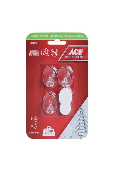 ACE Adhesive Hook Pack (3 Pc., 2.5 x 3.5 cm, Clear)