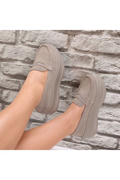 MODA STİL Women's Khaki platform shoes made of Alunsa genuine suede leather, 38