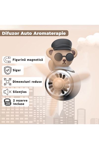Teno Teno® cat pilot bear car aromatherapy diffuser with glasses, air freshener kit, 2 scents, cream