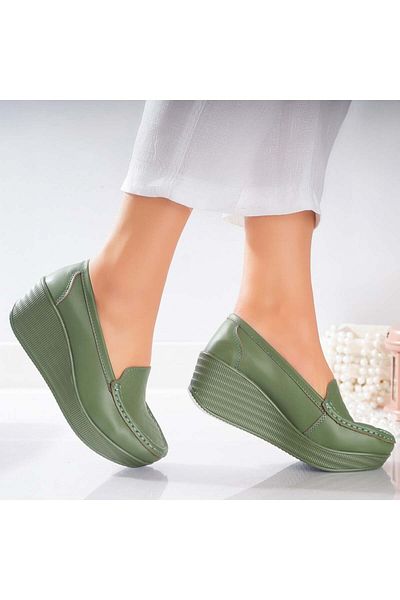 MODA STİL Dominican platform shoes, natural leather, Green, 37