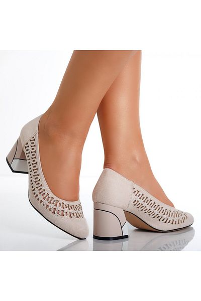 MODA STİL Women's Beige Heeled Shoes Made of Digna Eco-Suede Leather, 38