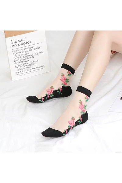 delis Sosete pentru dama, SS0154, model flori, Alb/Negru, marime universala