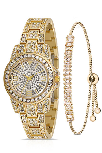 Polo Air Çift Klips Lüx Taşlı Kadın Kol Saati Zirkon Taşlı Baget Bileklik Kombin Gold Renk PL-1551B1