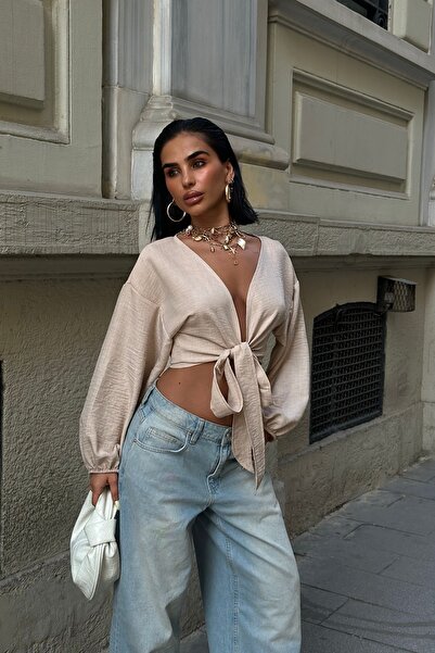 boutiquen 8033 Front Lace-Up Long-Sleeved Linen Look Blouse