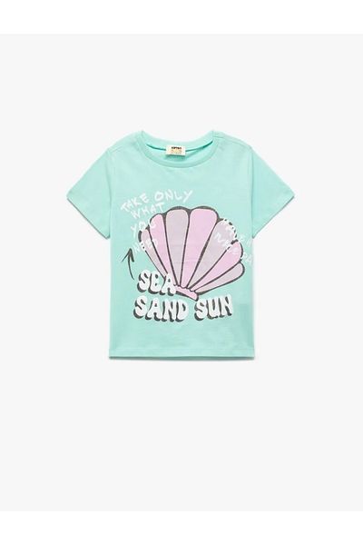 Koton Kids Girls' Cotton Short Sleeve Crew Neck Seashell Print T-Shirt