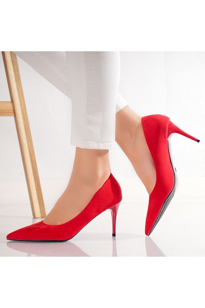 MODA STİL Women's Red Heeled Shoes Made of Velu Eco-Suede Leather, 37