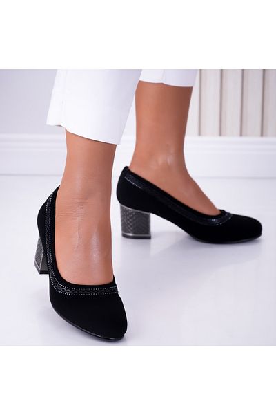 MODA STİL Women's Black Heeled Shoes Made of Suede Leather and Crystal Rhinestones, 39