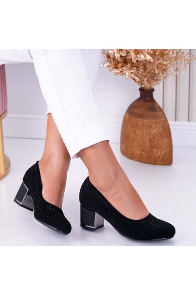 MODA STİL Women's Black Heeled Shoes Made of Eco-Suede Leather and Rhinestones Isra, 39