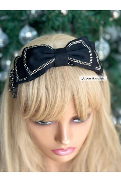 QUEEN AKSESUAR Luxury Design Crystal Stone Processing Motif Layered Bow Denim Fabric Gathered Crown Female Child Crown Black