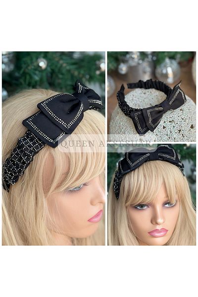 QUEEN AKSESUAR Luxury Design Crystal Stone Processing Motif Layered Bow Denim Fabric Gathered Crown Female Child Crown Black