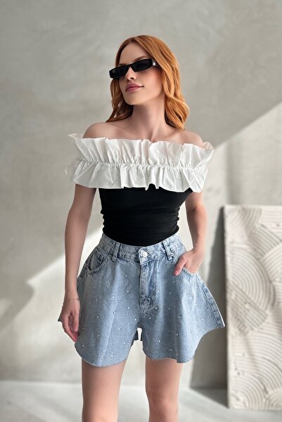 New Now Ruffled madonna collar bluz