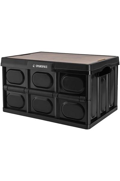 Deli Outdoor Folding Storage Box 55L (Black)\with wooden top for chopping purposes.