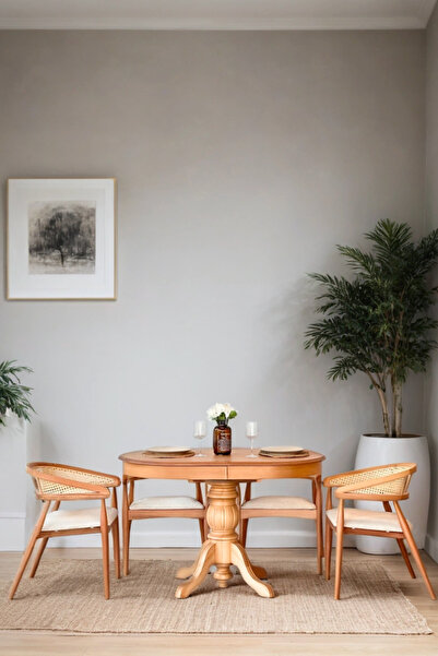 Woodenbend Valens Natural Ahşap Hazeranlı Açılır Masa Sandalye Takımı – 4 San...