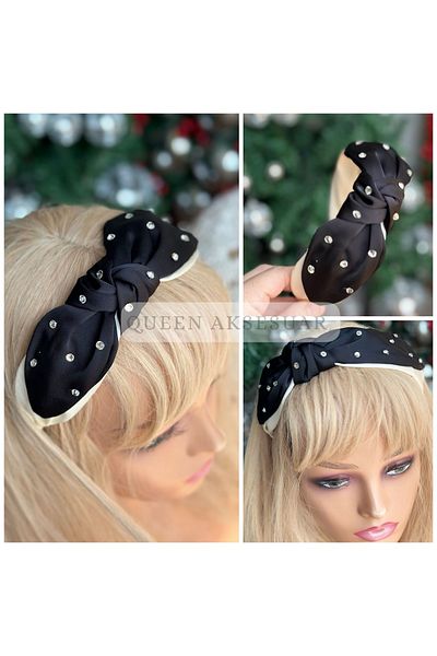 QUEEN AKSESUAR Luxury Design Crystal Sparkling Rhinestone Knotted Satin Women Crown Black Cream White Tiara