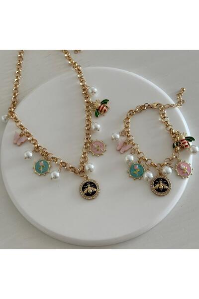 İME TİCARET Gold Colored Figured Pendant Bracelet Set with Pendant