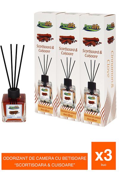 PureLife Set 3 x Odorizant de cameră cu bețișoare PureLife – Scorțișoară – 120 ml