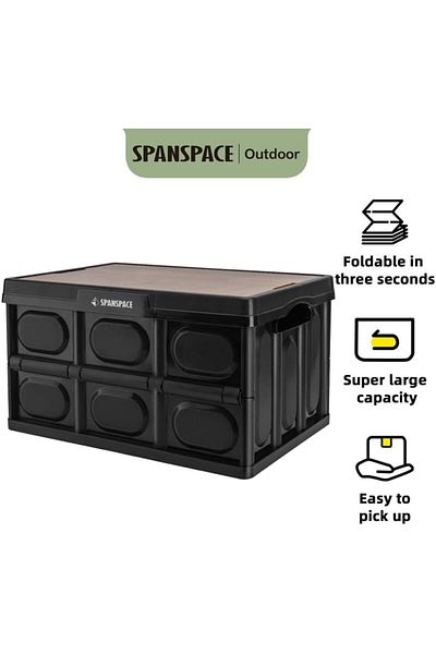 Deli Outdoor Folding Storage Box 55L (Black)\with wooden top for chopping purposes.