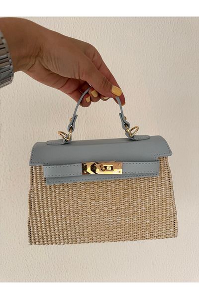 Tina İstanbul Geantă de paie cu capac și accesorii pentru centură Albastru