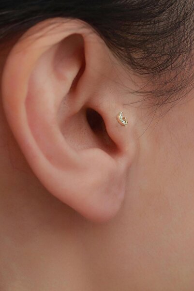 Bayar Gold 14 Ayar Altın Taşlı Ay Yıldız Tragus Piercing