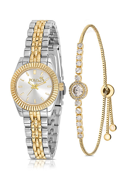 Polo Air Zarif Kadın Kol Saati Zirkon Taşlı Yuvarlak Bileklik Kombin Gold Güm...