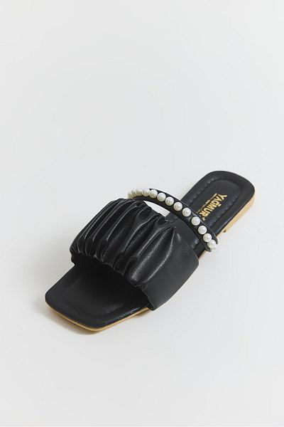Raneel Kazançlı Alışveriş Stylish Slippers with Pearl Stone and Drawstring Detail Black