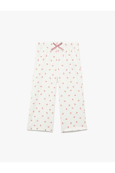 Koton Bow Tie Wrinkle Textured Wide Leg Trousers with Elastic Waist and Cherry Print