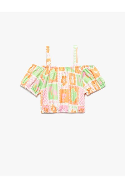 Koton Floral Short Balloon Sleeve T-Shirt with Strap