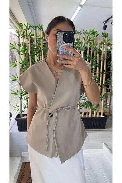 Ecenin Favorileri Beige Women's Vest with Waist Tie