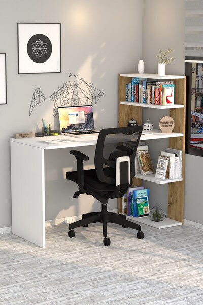 Moonlife Çınar Kitaplıklı Çalışma Masası Beyaz Çam