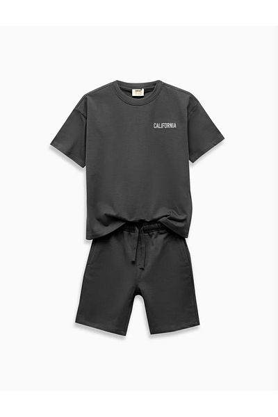 Koton Kids Boys' Cotton Crew Neck Short Sleeve Embroidered Top with Lace-Up Waist Shorts Set of Two