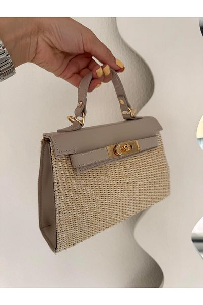 Tina İstanbul Geantă din paie cu capac și accesorii pentru centură Mink