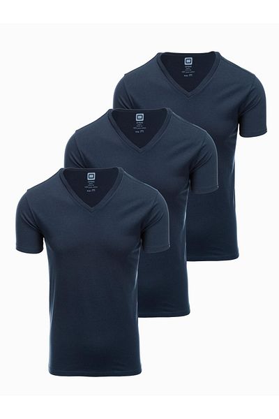 OMBRE BASIC Herren V-Ausschnitt Baumwollshirt Set - 3x Marineblau V10 OM-TSBS-0233 XXL