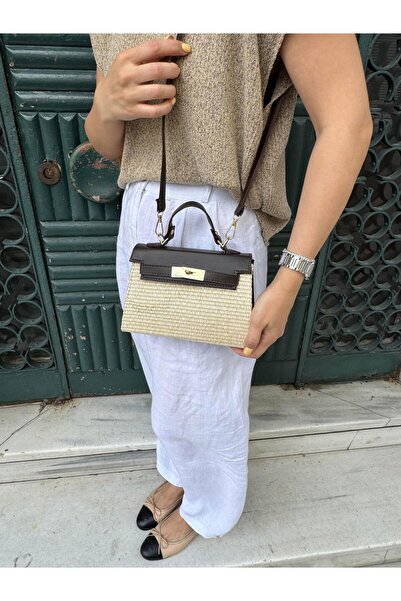 Tina İstanbul حقيبة من القش مع غطاء وإكسسوارات الحزام باللون البني المر