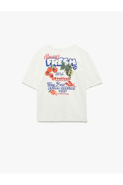 Koton Cotton Short Sleeve Crew Neck Fruit Printed on the Back Loose Fit T-Shirt